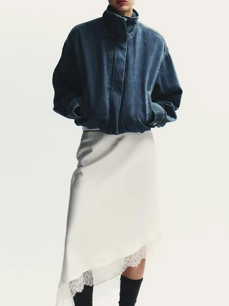 European and American style autumn new fashion trend women's loose versatile stand collar long sleeve denim jacket coat