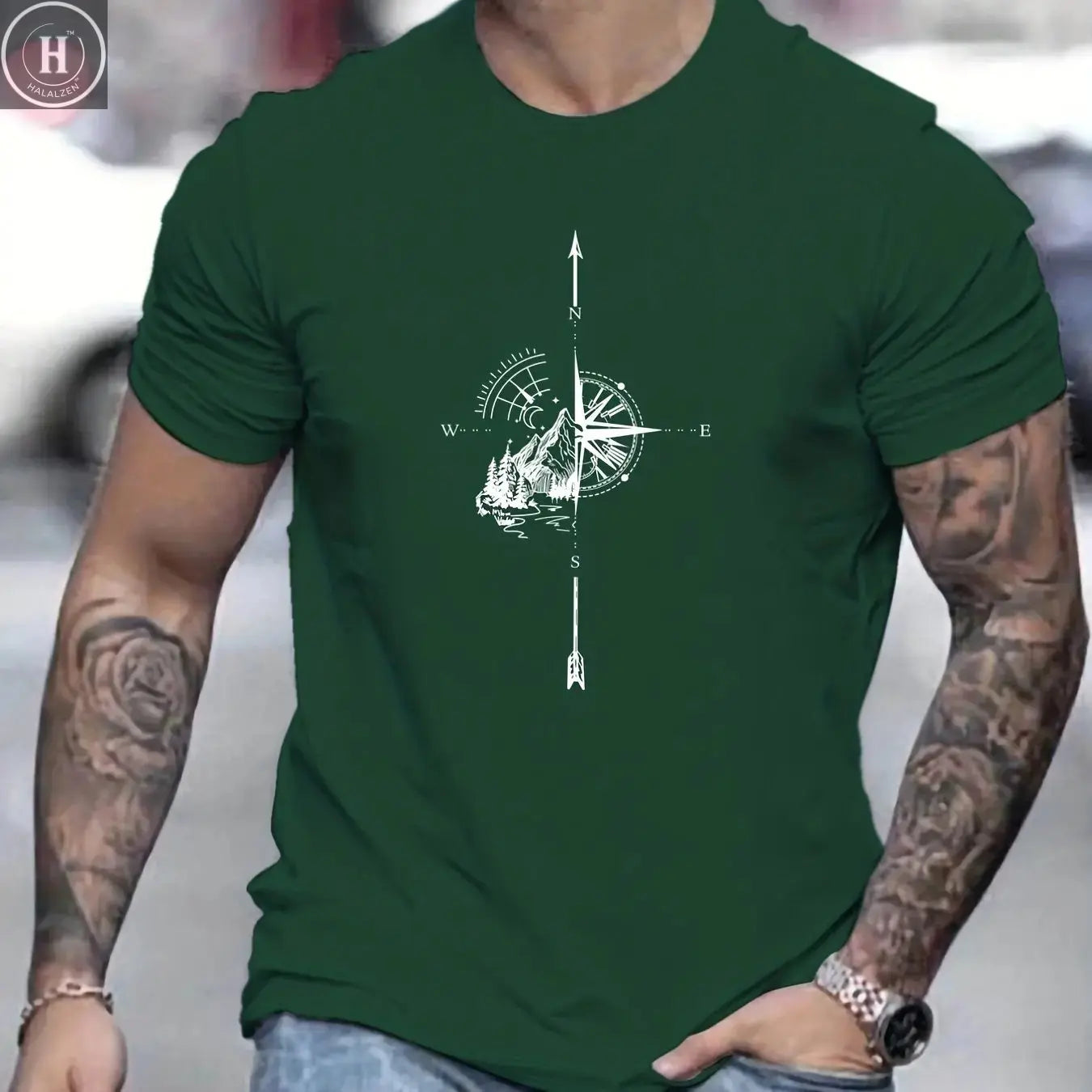 Men's Summer Casual Loose Size 100% Cotton Mountain Compass Pattern Print Round Neck Short Sleeve T-shirt Top HALALZEN