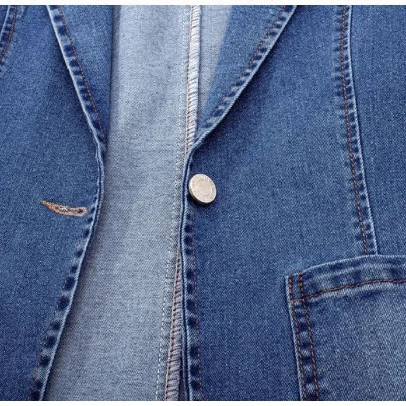 2023-ERFRE Spring Denim Suit Jacket Femme Long-Sleeve One Button Vintage Autumn Jeans Blazer Women Outerwear Cardigan Clothing