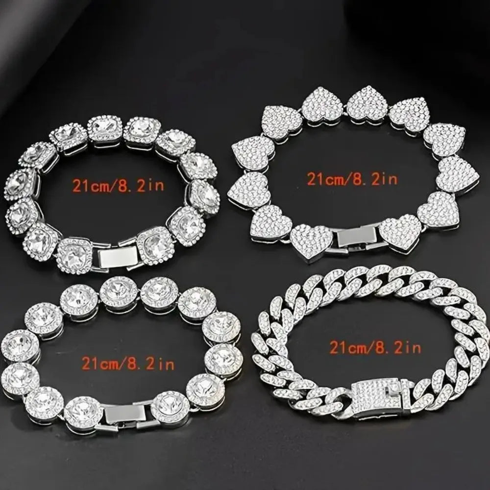4 Piece Heart Shape Cuban Tenni Bracelet Set for Women -8.2 INCH