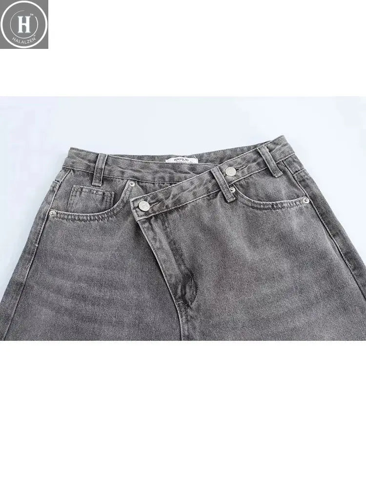 HH Women's Street Fashion Wide-leg Jeans Double-clad Pants With Pockets High Waist Solid Asymmetric Retro Straight Trousers Halalzen UK