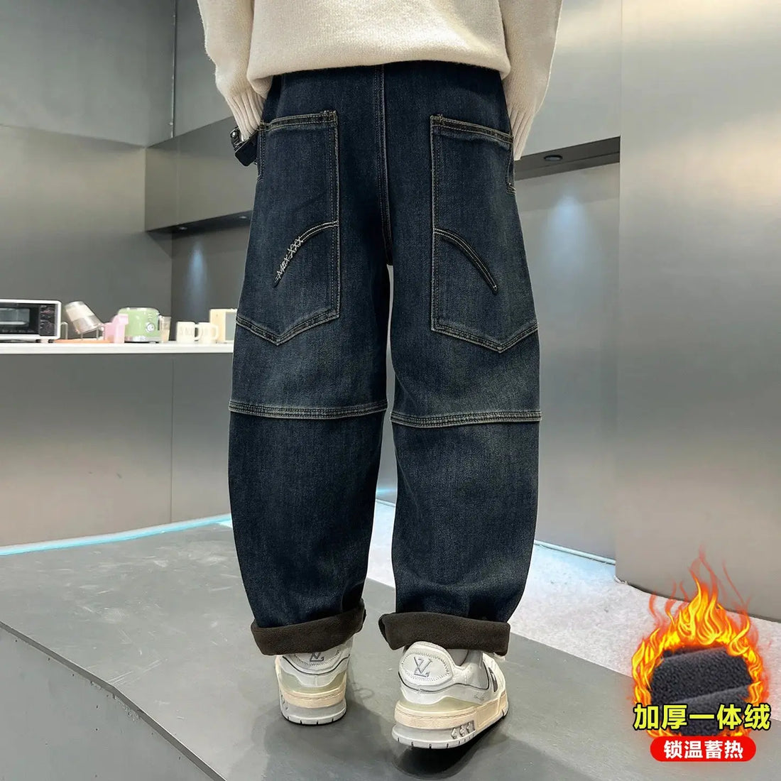 Boys Fleece Denim Pants with Back Pocket Teenager Boys Handsome Autumn Winter Warm Boys Thick Straight Leg Baggy Wide-leg Pants HALALZEN