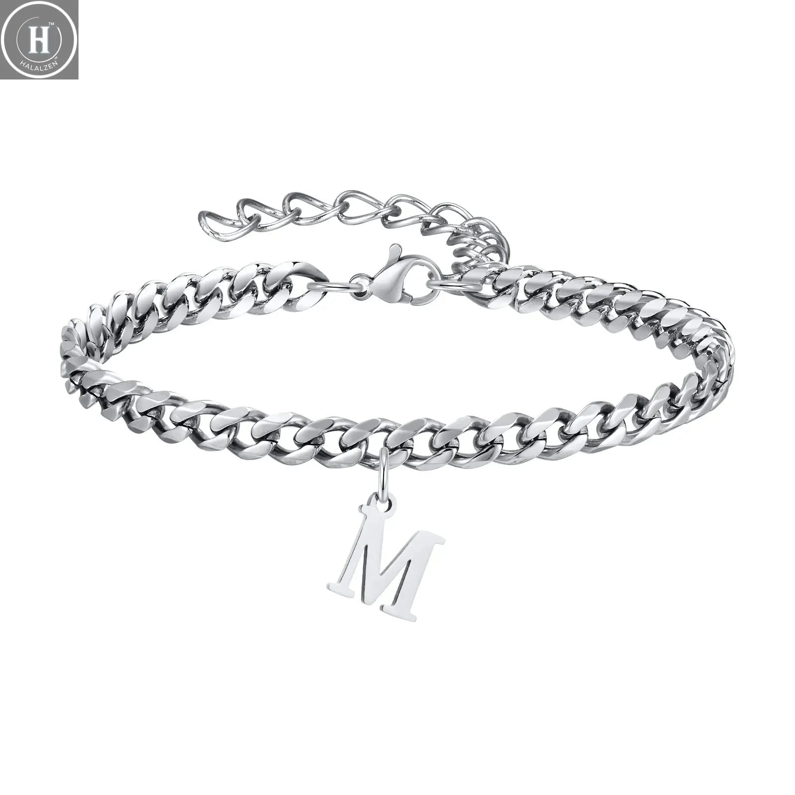 Mens Initials Cuban Links Bracelets,Stainless Steel A-Z 26 Letters Alphabet Charm Chain Wristband Adjustable,Casual Jewelry Gift HALALZEN