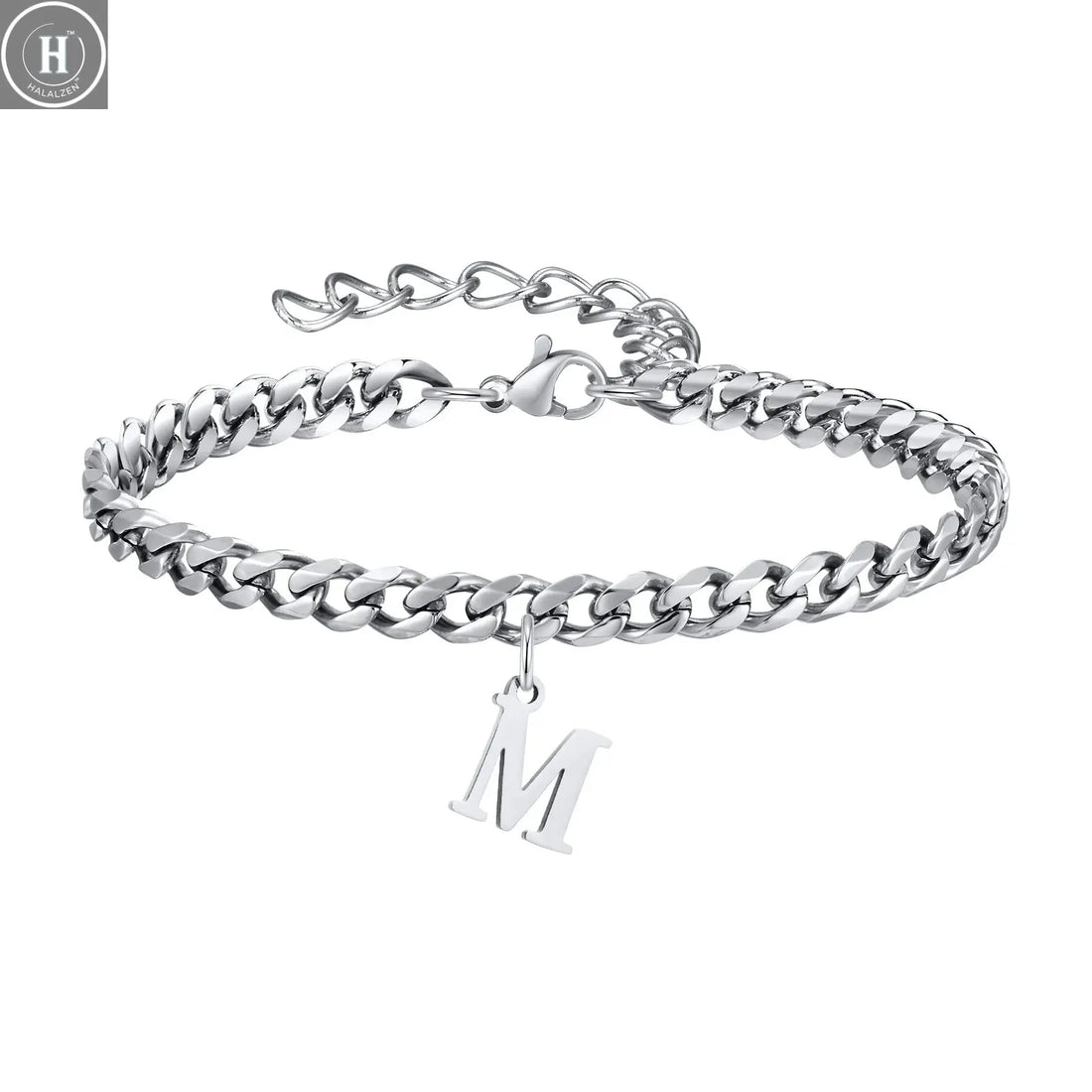 Mens Initials Cuban Links Bracelets,Stainless Steel A-Z 26 Letters Alphabet Charm Chain Wristband Adjustable,Casual Jewelry Gift HALALZEN