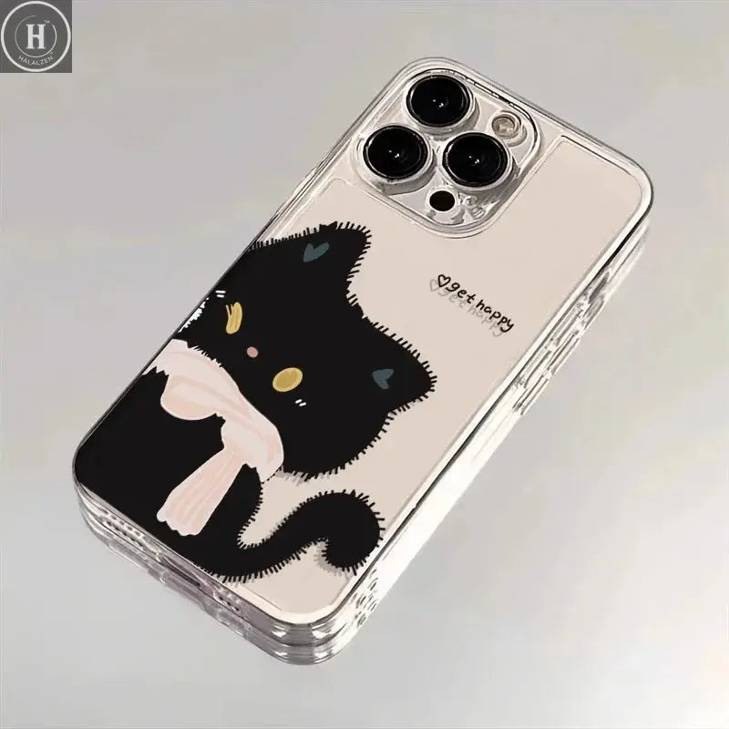 Cartoon Black White Cat Couple Paired Phone Case For iPhone 17 16 Pro Max 15 14 11 12 13 Plus Clear Cover Fundas Halalzen UK
