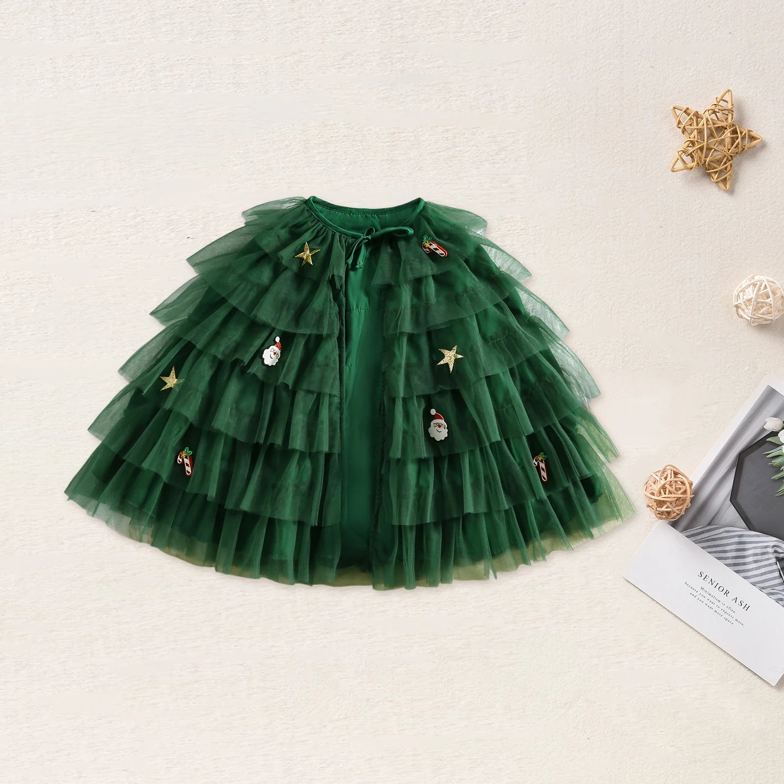 Christmas Tulle Cloak for Girls Snowman Reindeer Gingerbread Man Tiered Cake Tie Front Cape with Holly Accents