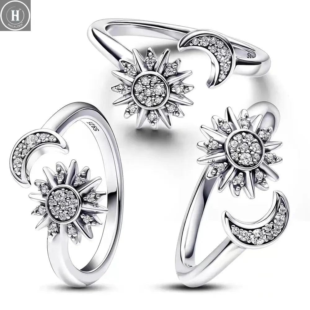 Hot Sale Original 925 Sterling Silver Women Finger Rings for Women Silver Love Heart Rhomboid Moon Star Luxury Jewelry Trinkets HALALZEN