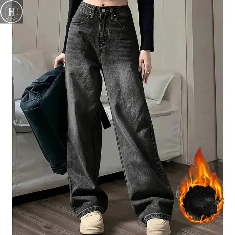 Winter Women Classic Snow Warm High Waist Jeans Girls Fleece Thermal Denim Pants Lady Baggy Straight Leg Plush Trousers Halalzen UK