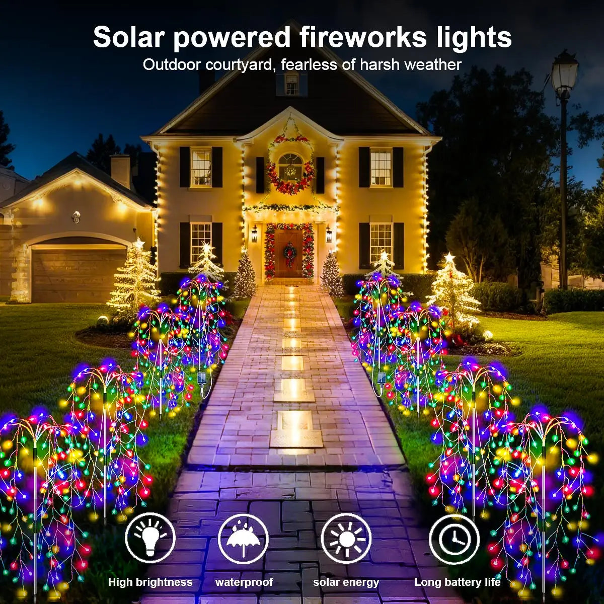 4Pack 680LED Christmas Solar Firecracker Fireworks Lights Outdoor Yard Lawn Garden Decorative Light Party Landscape Lighting