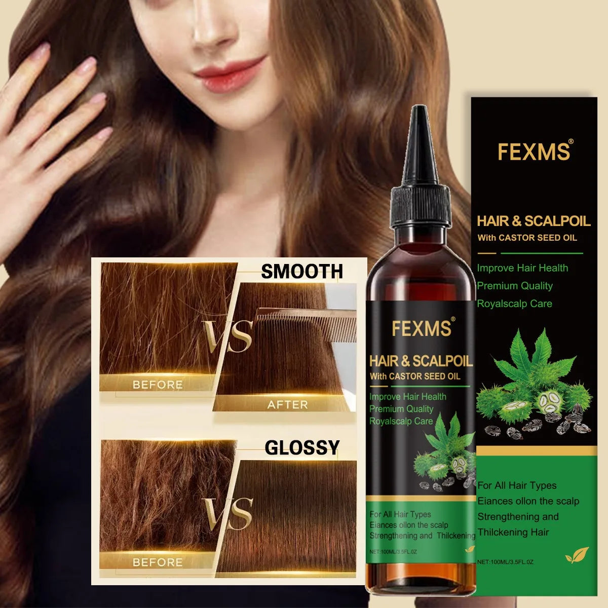 Castor Essential Oil Smooth Shine Anti-Frizz Hair Serum Promote Hair Growth Strengthening Nourishing Scalp Care Oil HALALZEN
