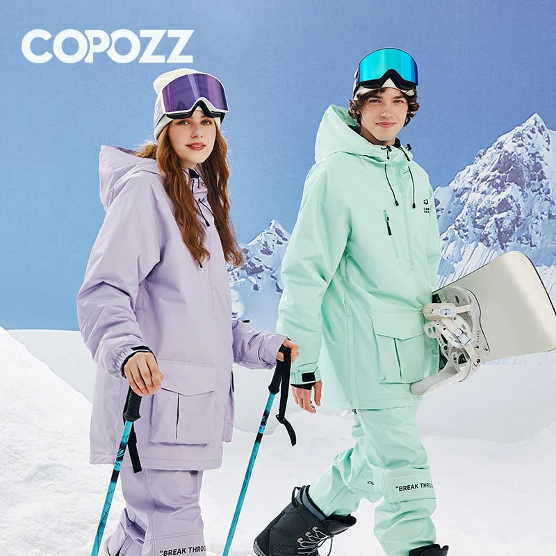 COPOZZ Waterproof Thicken Snow Clothes Women Hooded Windproof Ski Jacket Men Winter Warm Ski Pant Trousers Snowboard Coat Unisex