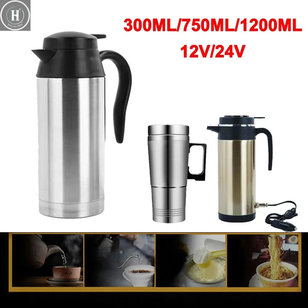 12V 24V Car Electric Heating Cup Travel Kettle Stainless Steel Camping Travel Coffee Milk Thermal Mug Warmer Cup 300/750/1200ML HALALZEN