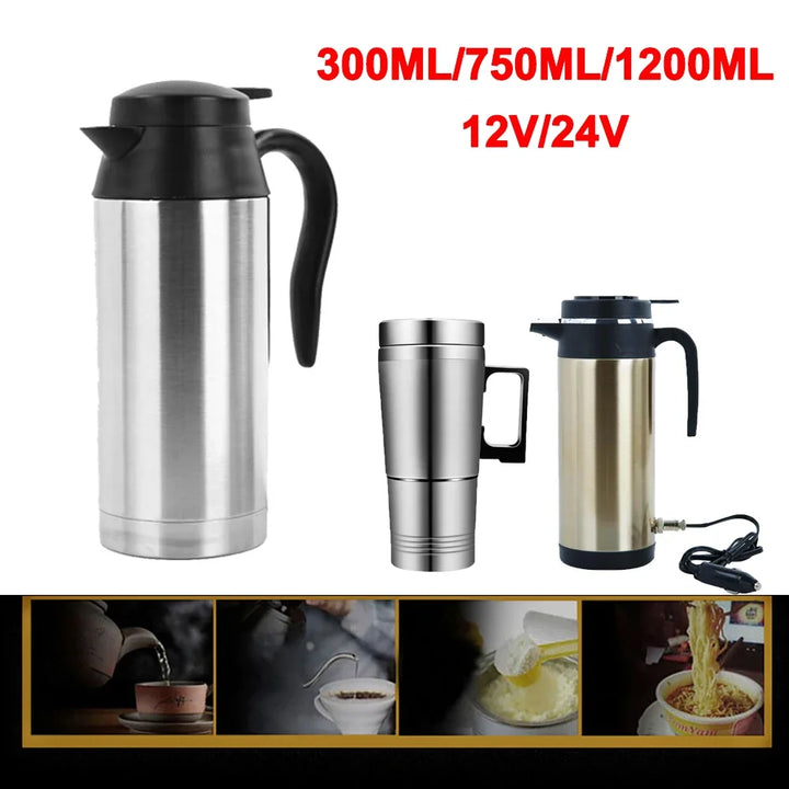12V 24V Car Electric Heating Cup Travel Kettle Stainless Steel Camping Travel Coffee Milk Thermal Mug Warmer Cup 300/750/1200ML