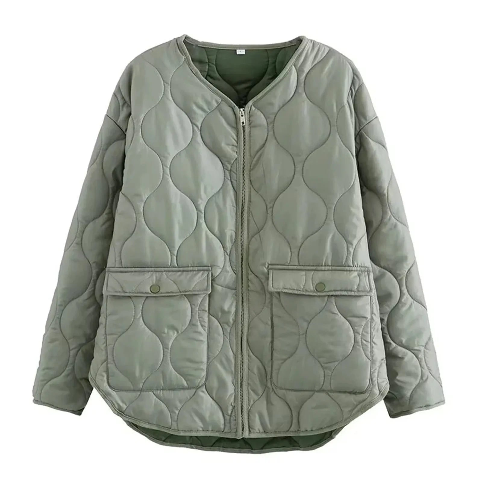 Women's Solid Winter Jacket V Neck Zipper Long Sleeve Cotton Down Coat For Women Versatile Wolfeel Quilted Jacket For Women