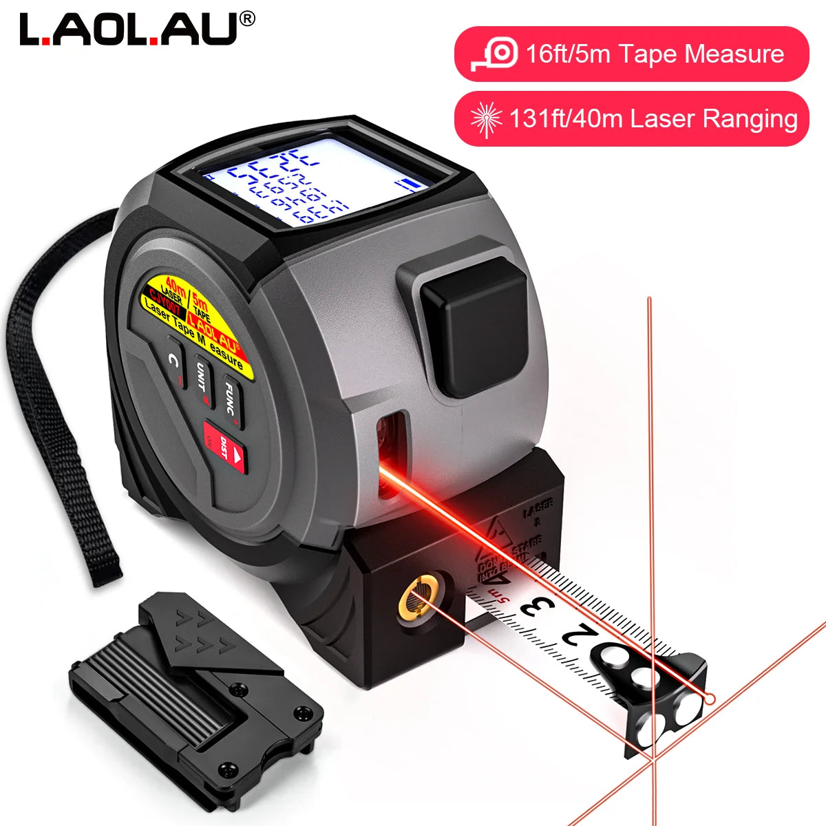 3-In-1 Laser Rangefinder 5m Tape Measure 60M/196Ft / 40M/131Ft Handheld Laser Meter Measuring Tool Cross Line Laser Level BUCKLE