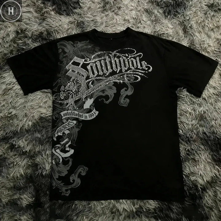 Classic Y2K Gothic Style T-shirt Print Oversized T Shirt High Street Shirts Gothic Round Neck Cotton Tops New Mens Women T Shirt HALALZEN