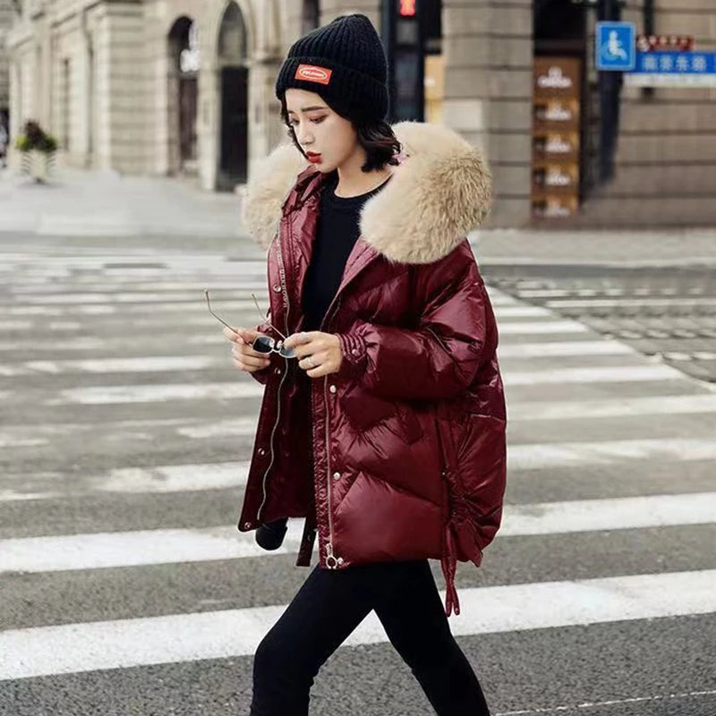 2023 Winter Down Cotton Jacket Women Casual Loose Thicken Warm Parkas Fur Collar Hooded Overcoat Wine Red Waterproof Coat Female