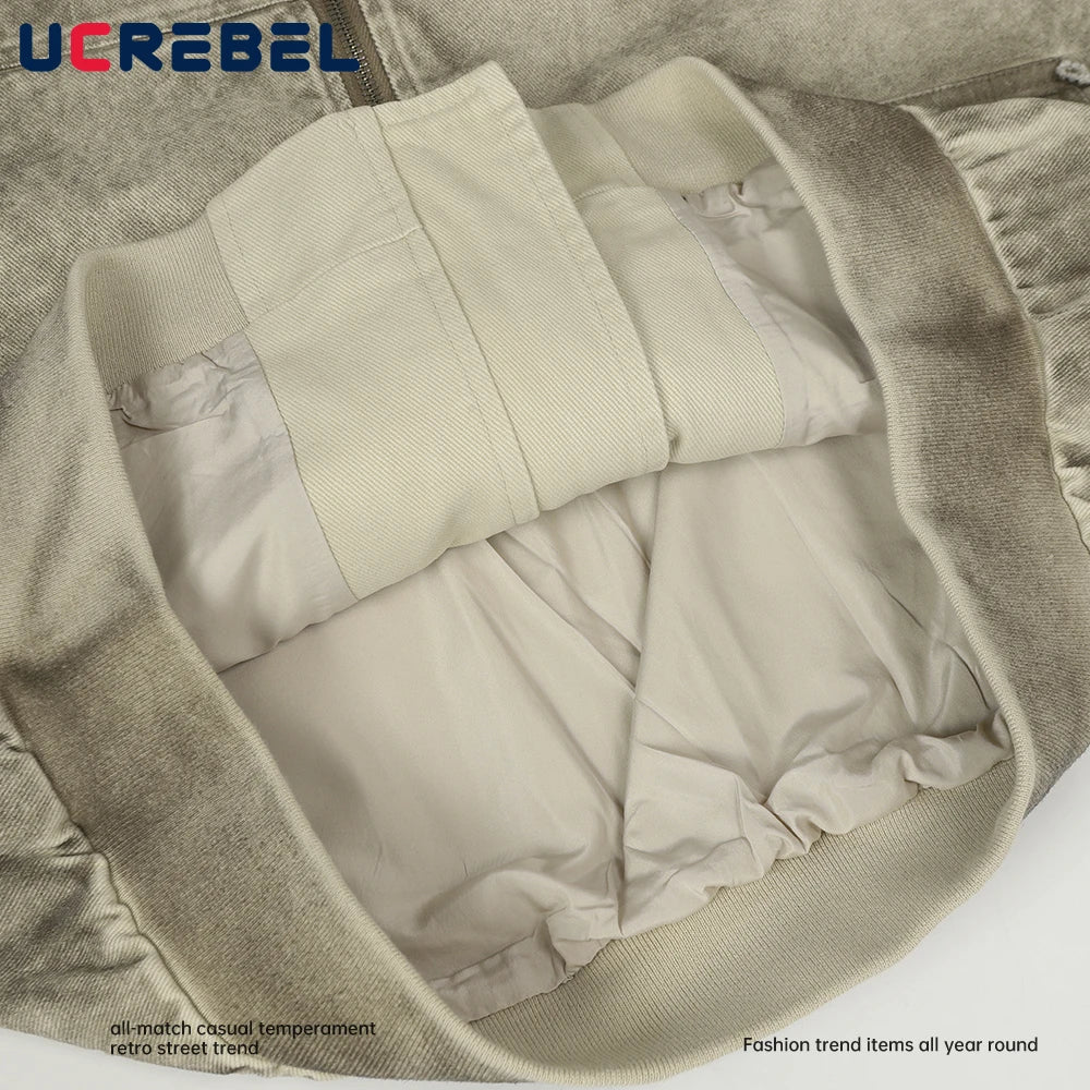 Retro Distressed Cargo Jacket Mens Pocket Autumn High Street Stand Collar Pleated sleeves Outerwear Man