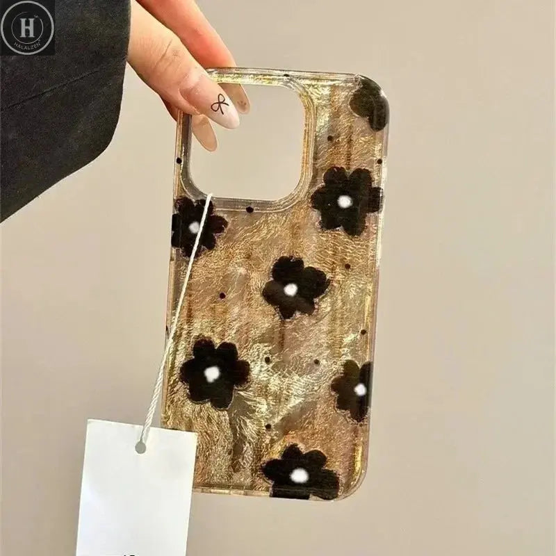 Retro Brown Black Spots Flowers Tinfoil Pattern Phone Cover Case for IPhone 17 16 16e 15 14 13 12 11 Pro Max 14 Plus 16E Cover Halalzen UK