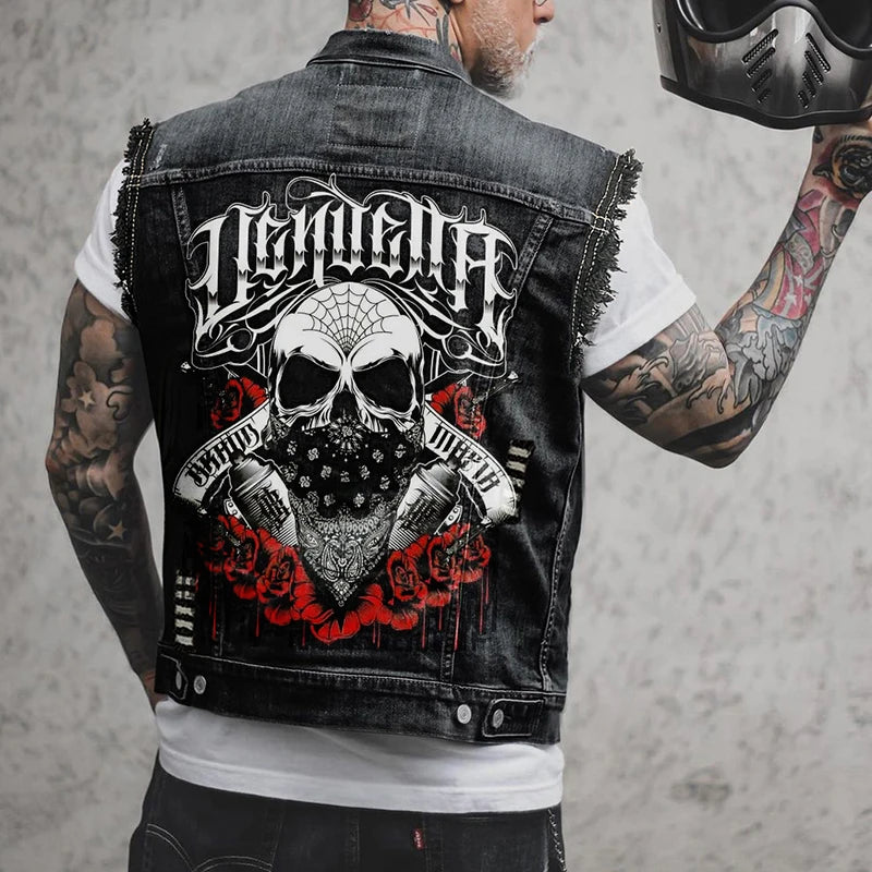 Rock Punk Style Skull Printed Denim Vest Jacket Men Vintage Ripped Buttoned Lapel Waistcoats Mens 2026 Spring Fall Jean Jackets