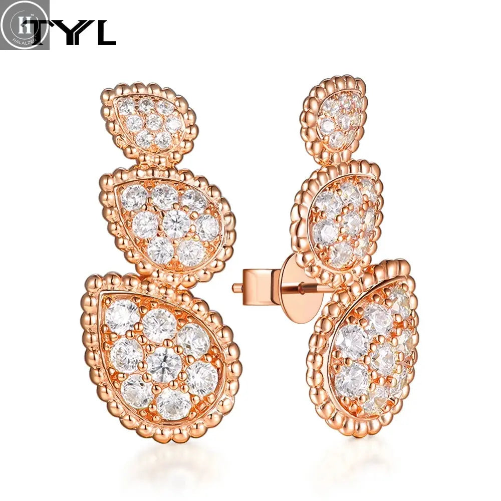 TYYL High Quality Classic 3 Water Drop Luxury Ear clip Drop Earrings Stud Party Wedding Long Earring Zircon Jewelry For Women HALALZEN