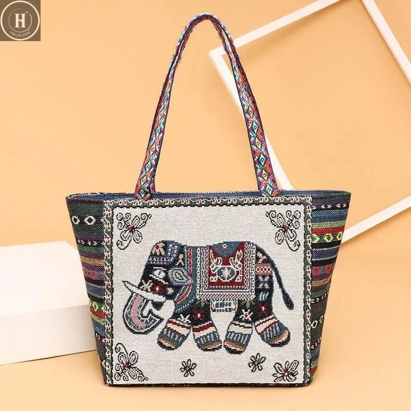 National Style Canvas Shopping Bags Thailand Bangkok Elephant Fashion Printing Tote Shoulder Bag Beautifully Sandy Handbags HALALZEN