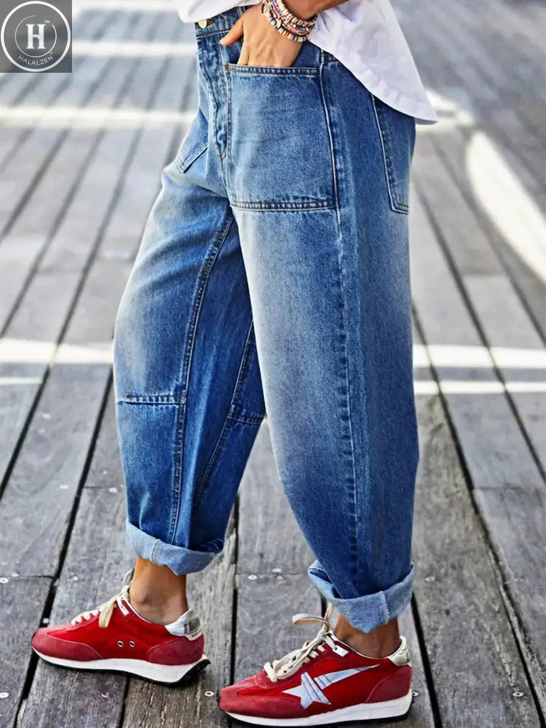 Mid-waist fashionable casual blue jeans for women, versatile, cuffed design, suitable for all seasons, clearance sale, autumn ne Halalzen UK