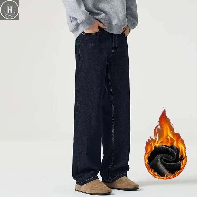 Men Fashion Baggy American Style Straight Winter Thermal Jeans Male New Thickened Windproof Full Length Wide Leg Long Trousers HALALZEN