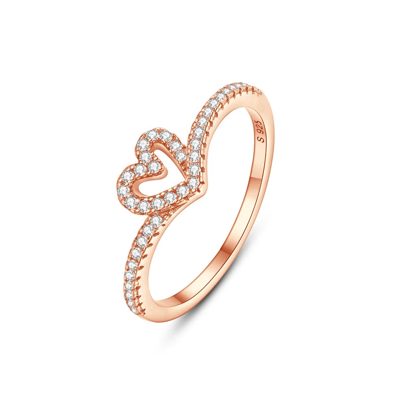 Original 925 Sterling Silver Ring Love Heart Wishbone Moon Sun Rings Crystal Rose Gold For Women Wedding Gift Luxury Jewelry