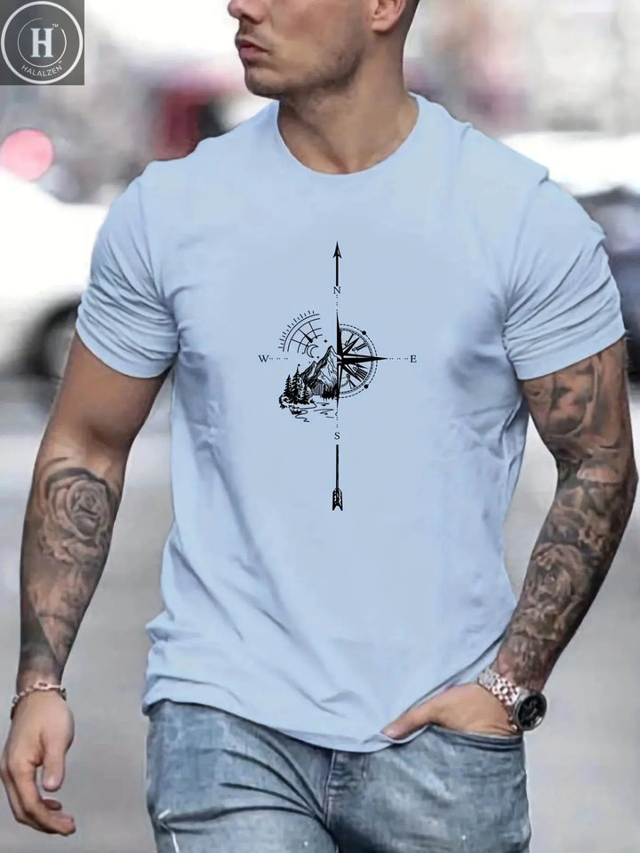 Men's Summer Casual Loose Size 100% Cotton Mountain Compass Pattern Print Round Neck Short Sleeve T-shirt Top HALALZEN