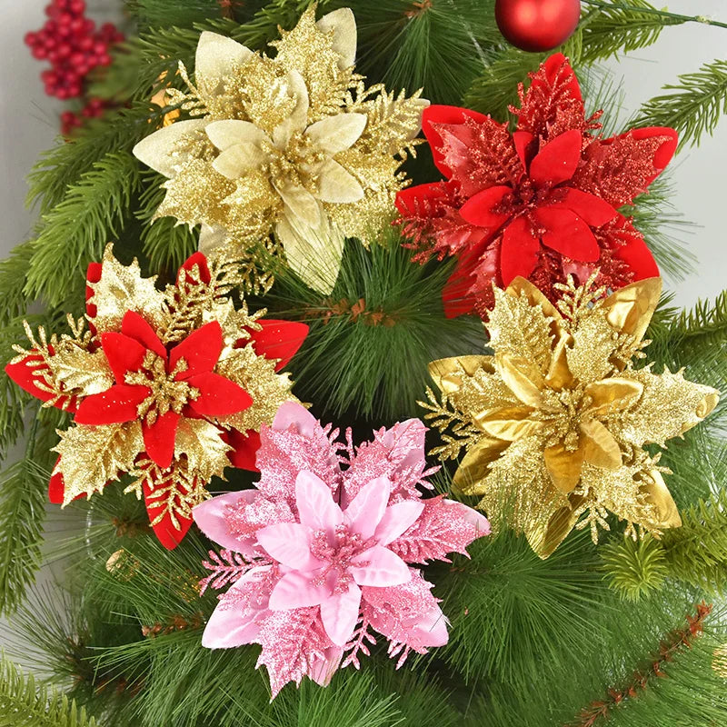 5/10Pcs 14cm Glitter Artificial Christmas Flowers Xmas Tree Ornaments Merry Christmas Decorations for Home New Year Gift Navidad