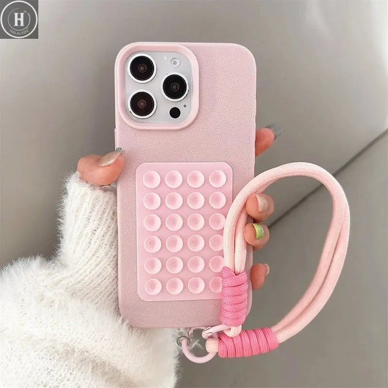 Suction Cup Stand Litchi Pattern Phone Case For iPhone 17 16 15 14 13 12 11 Pro Max X XS XR With Lanyard Rope Soft Bumper Cover Halalzen UK