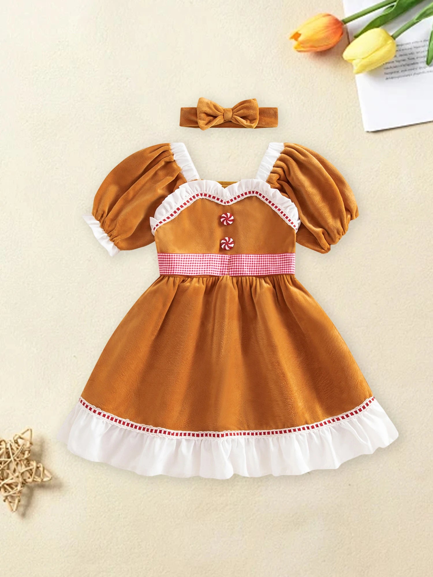 Little Girls Christmas A-line Dress Short Sleeve Candy Button Decor Dress with Headband