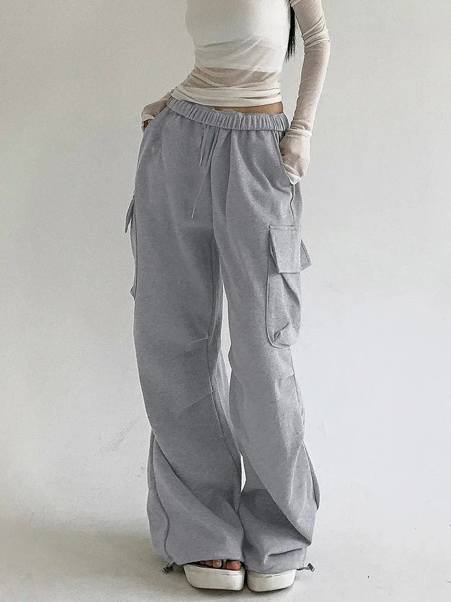 Women s Baggy Cargo Pants High Waist Solid Color Parachute Pants Ruched Sweatpants with Flap Pockets Halalzen UK