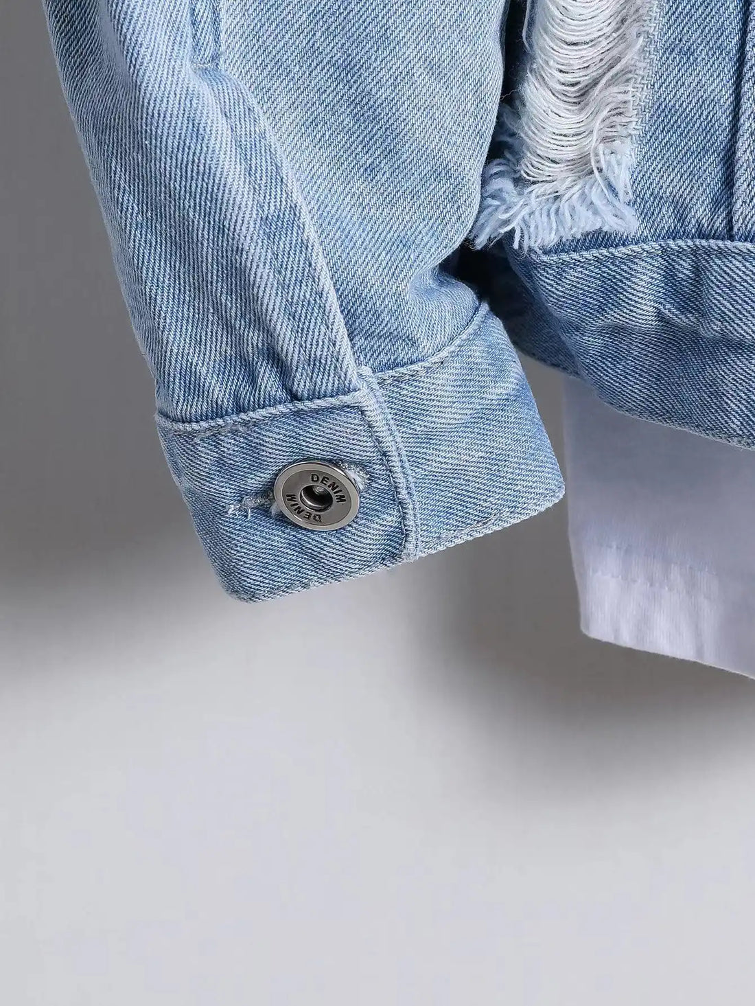 Men's denim jacket for spring and autumn. Light blue ripped denim jacket. Street trend style. Daily casual.