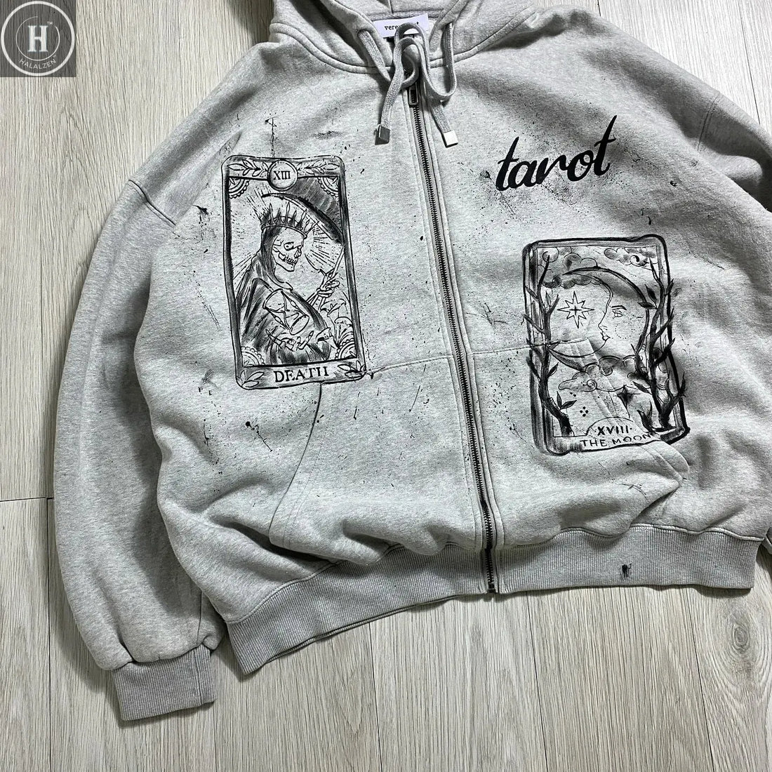 Mysterious tarot card printed hooded sweatshirt retro old splash ink Indonesian slogan trendy cardigan HALALZEN