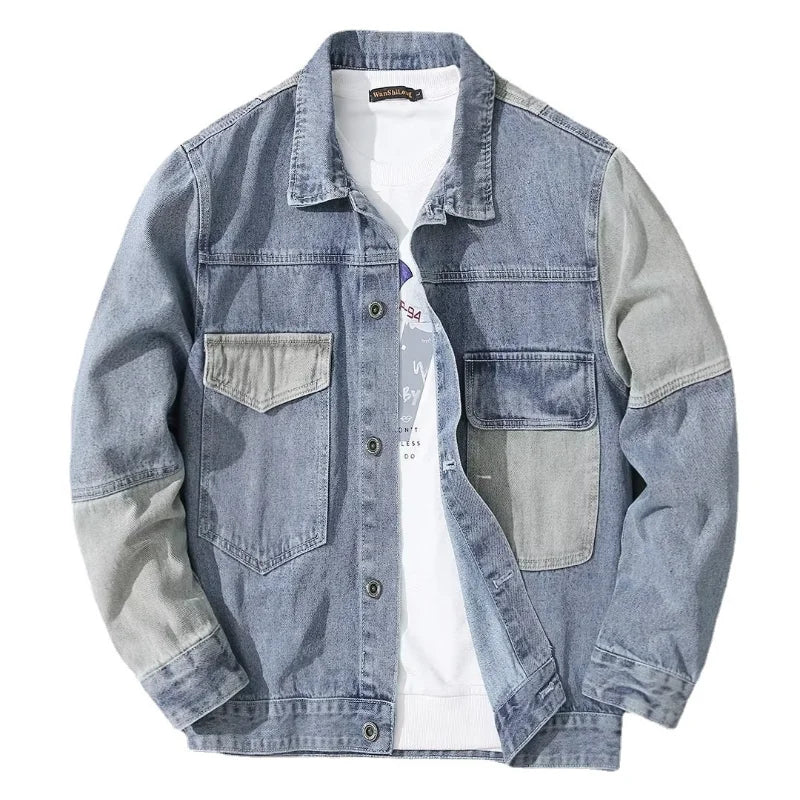 Korean Style Denim Patchwork Outerwear Mens Collared Jacket Casual Minimalist Fashion Trendy Spring Autumn New Style Jacket