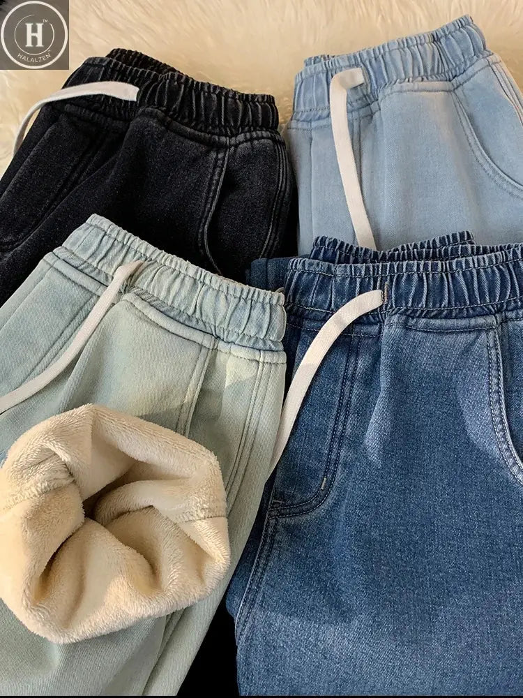 Winter Men's Jeans Korean Fashion Fleece Liner Thick Warm Straight Denim Pants Washed Cotton Retro Blue Wide Leg Jean Trousers HALALZEN