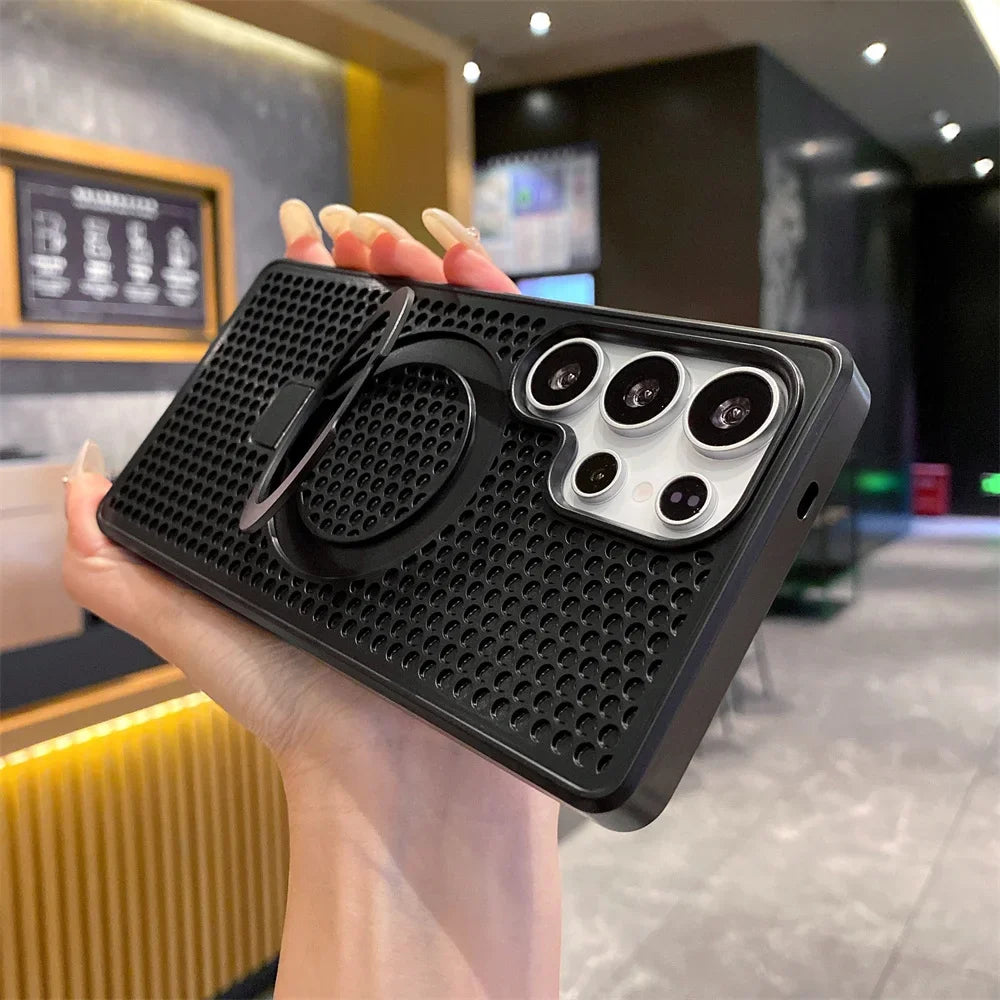 Magnetic Metal Fold Stand Heat Dissipation Phone Case for Samsung S25 S24 S23 Ultra FE S22 Plus 5G Luxury Protection Back Cover