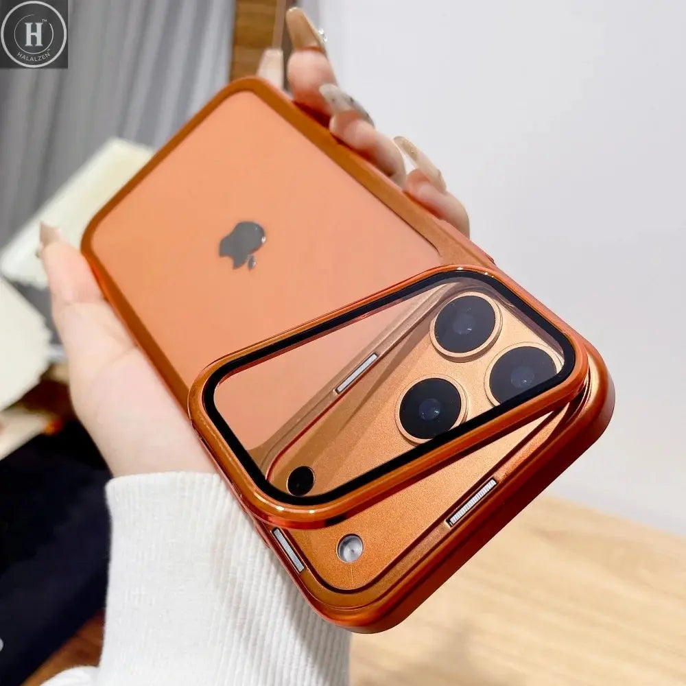 Plating Fold Glass Camera Stand Holder Phone Case For iPhone 17 17Pro 17Air 17 Pro Max Ultra Thin Transparent Shockproof Cover Halalzen UK