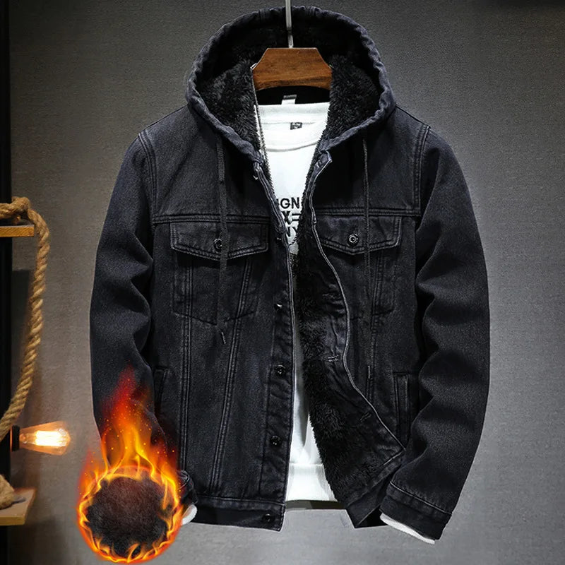Hooded Denim Jacket Men's Retro Jacket Autumn and Winter Coat Hooded Plus Velvet Windbreaker Thickened and Warm for Men