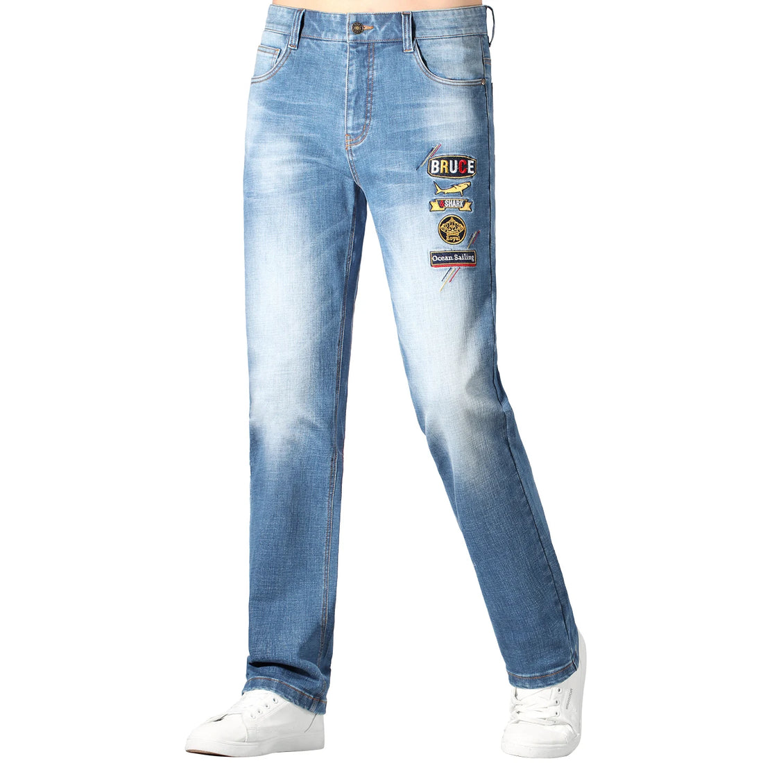 2025 Stretch Men's Jeans, New Trend Embroidered Blue Jeans, Bruce&Shark Loose Straight Leg Jeans For Man, Thick Cotton Big Size