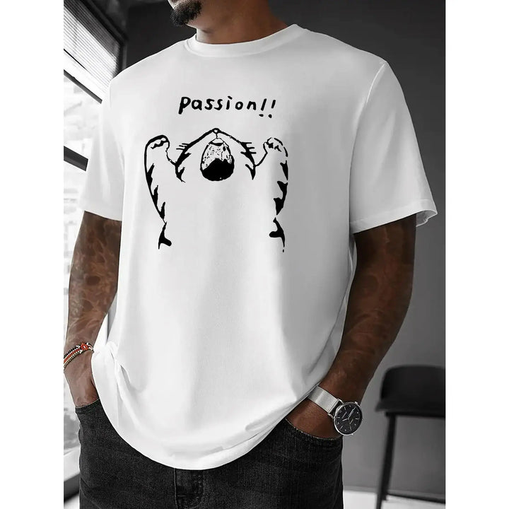 Passion Cartoon Cat Roaring T-Shirt Funny Animal Graphic Tee Motivational Enthusiasm Top Quirky Gift for Men Women Unisex