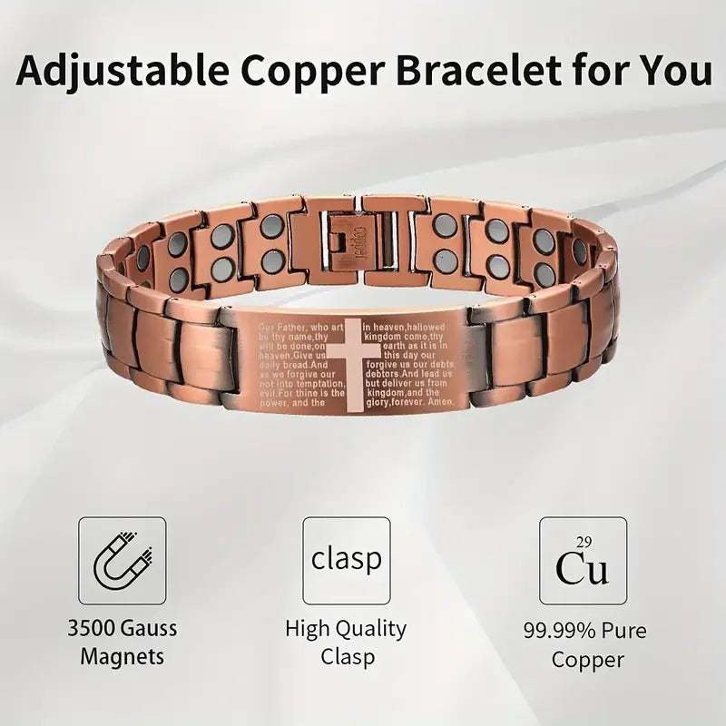 1 piece of copper magnetic bracelet, male version with dual-row magnets, featuring a chain with a cross pattern, hypoallergenic