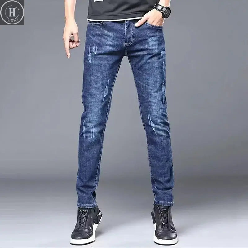 Men's Stylish Classic Business Casual Jeans Four Seasons Wear Black Blue Pants Middle-waist Leggings Denim Fabric Trousers Male Halalzen UK
