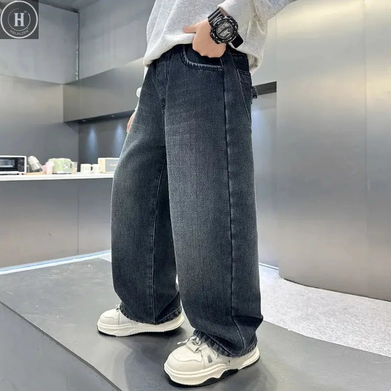 Kids Boys Winter Warm Streetwear Jeans With Letters Fashion Child Fleece Insulated Denim Pants For Teenagers 5 7 9 11 13 14 Year HALALZEN