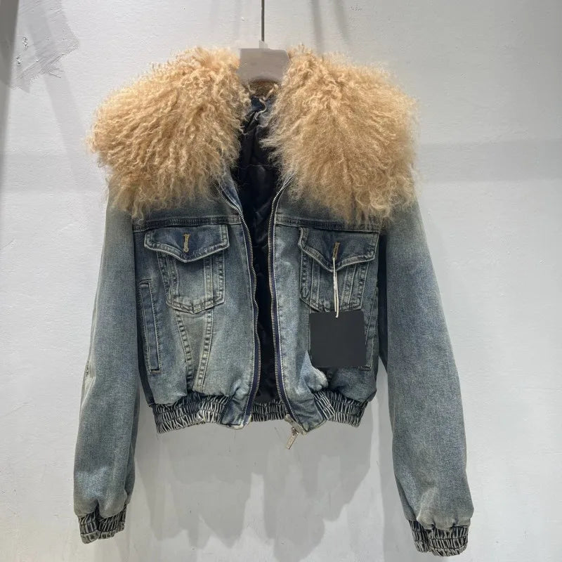 Women Vintage Denim Jacket Faux Fur Collar Autumn Winter Padded Liner Short Coat High Street Female Loose Fit Casual Outerwear