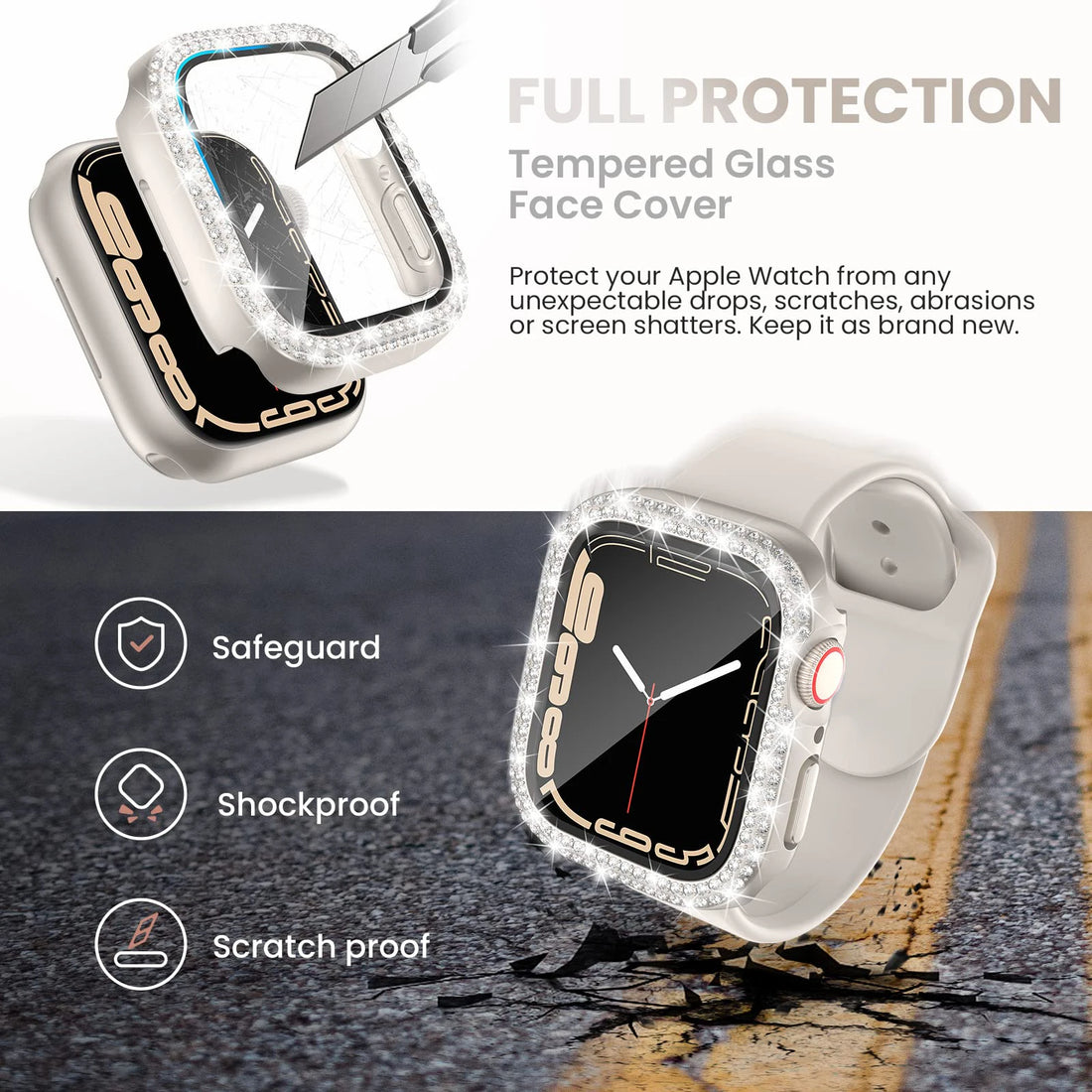 Glass+Diamond Cover For Apple watch case 46mm 40mm 44mm 41mm 42mm 45mm Bling Bumper Protector iWatch Series 11 10 9 SE 7 8 case