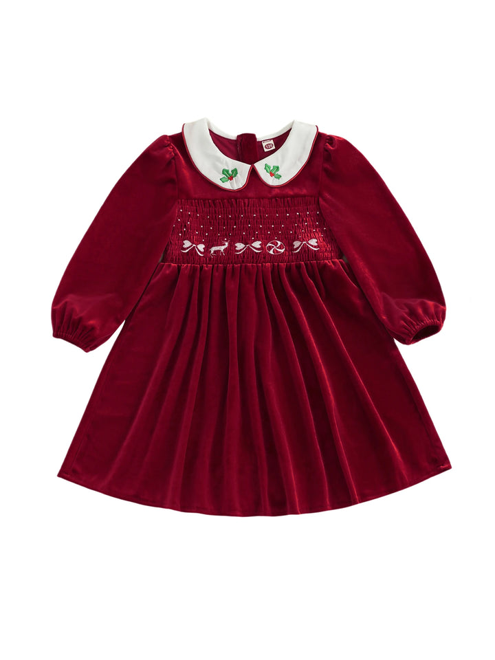 Toddler Red Plaid Christmas Dress with Bow and Reindeer Embroidery Smocked Long Sleeve Doll Collar Winter Outfit Adorable