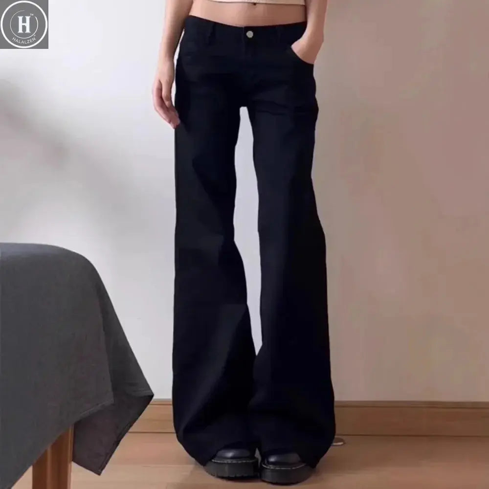 Plus Size American Style Spicy Girl Black Low Waist Wide Leg Micro Flared Jeans Women's Early Autumn Loose Fit Versatile Straigh Halalzen UK